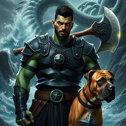 A handsome Goliath fighter with short black hair and a goatee, showcasing his unique green and teal skin tone