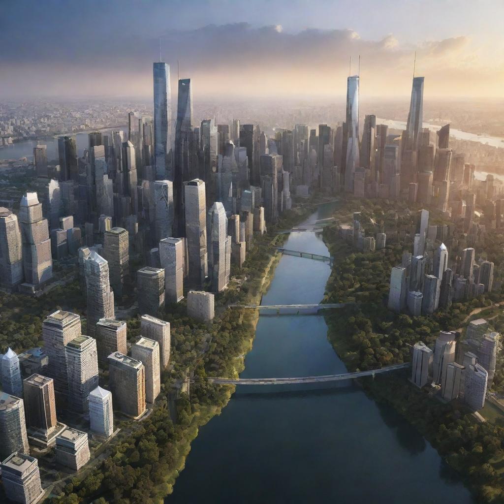 Create a bustling city skyline at dawn with soaring skyscrapers, winding rivers, and parks scattered in between.