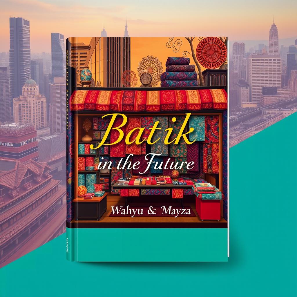 A unique book cover design for 'Batik in The Future' featuring a vibrant and eye-catching batik shop