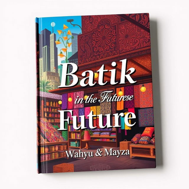 A unique book cover design for 'Batik in The Future' featuring a vibrant and eye-catching batik shop