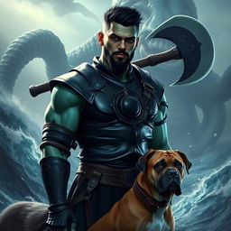 A handsome Goliath fighter featuring short black hair and a goatee, showcasing an eye-catching green and teal skin tone