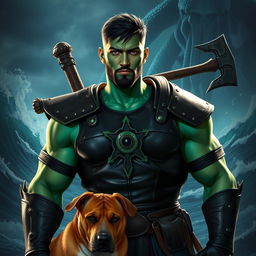 A handsome Goliath fighter featuring short black hair and a goatee, showcasing an eye-catching green and teal skin tone