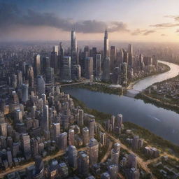 Create a bustling city skyline at dawn with soaring skyscrapers, winding rivers, and parks scattered in between.