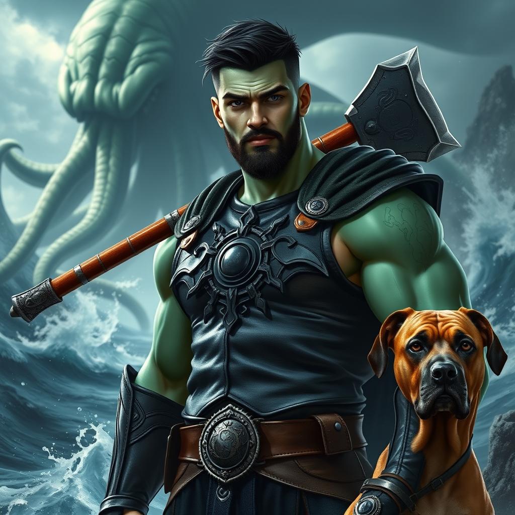 A handsome Goliath fighter featuring short black hair and a goatee, showcasing an eye-catching green and teal skin tone