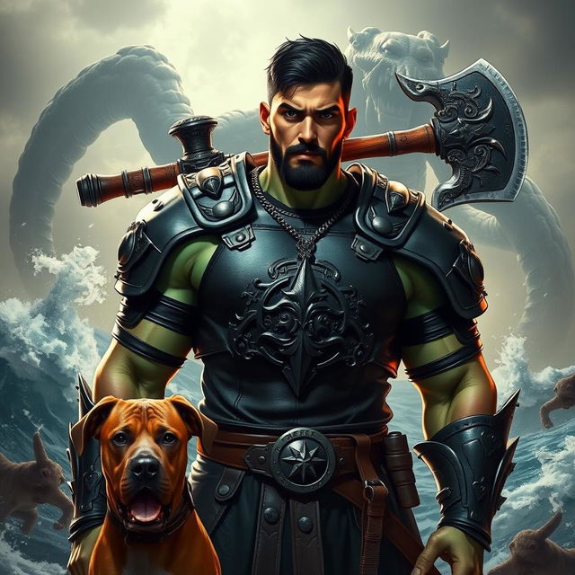 A handsome Goliath fighter featuring short black hair and a goatee, showcasing an eye-catching green and teal skin tone