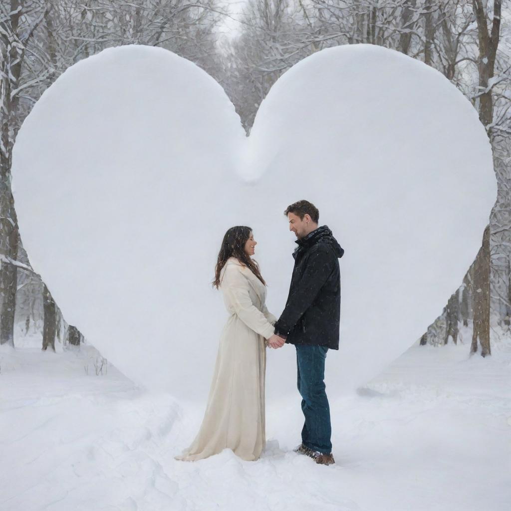 An artful depiction of a man and woman as spirits of love in the snow, combined into a large heart shape.