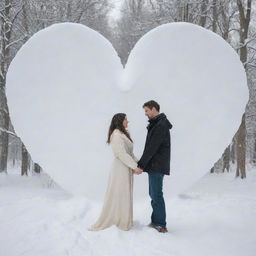 An artful depiction of a man and woman as spirits of love in the snow, combined into a large heart shape.