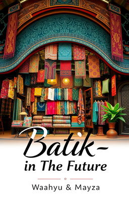 A captivating book cover design for a book titled 'Batik-in The Future' featuring a vibrant and unique batik shop