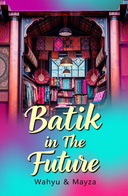A captivating book cover design for a book titled 'Batik-in The Future' featuring a vibrant and unique batik shop