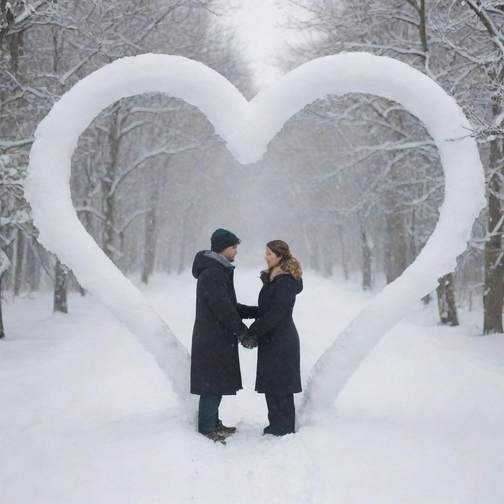 An artful depiction of a man and woman as spirits of love in the snow, combined into a large heart shape.