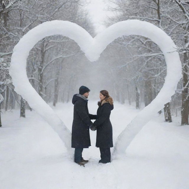 An artful depiction of a man and woman as spirits of love in the snow, combined into a large heart shape.