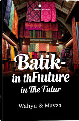 A captivating book cover design for a book titled 'Batik-in The Future' featuring a vibrant and unique batik shop