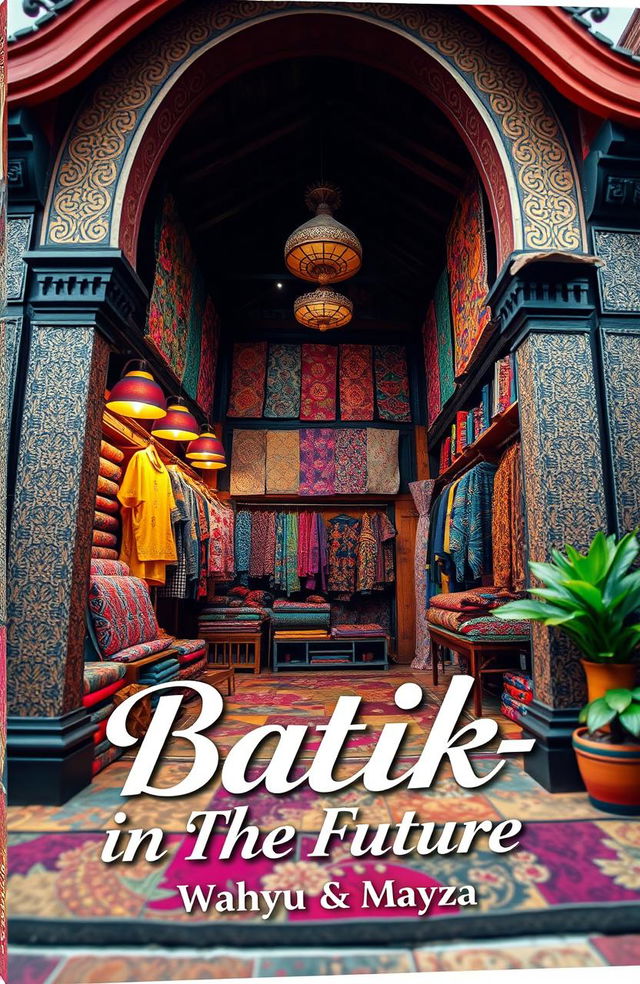 A captivating book cover design for a book titled 'Batik-in The Future' featuring a vibrant and unique batik shop