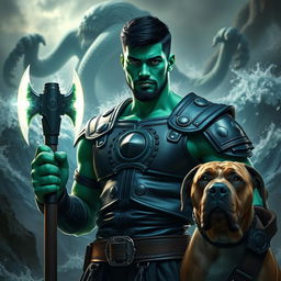 A handsome Goliath fighter with short black hair and a goatee, displaying a striking green and teal skin tone