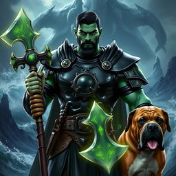 A handsome Goliath fighter with short black hair and a goatee, displaying a striking green and teal skin tone
