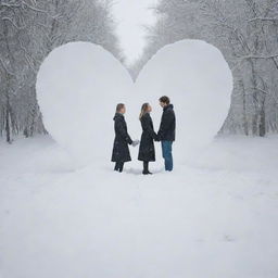 An artful depiction of a man and woman as spirits of love in the snow, combined into a large heart shape.