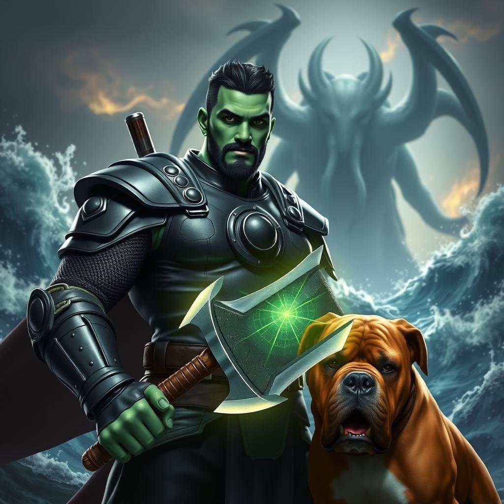 A handsome Goliath fighter with short black hair and a goatee, displaying a striking green and teal skin tone