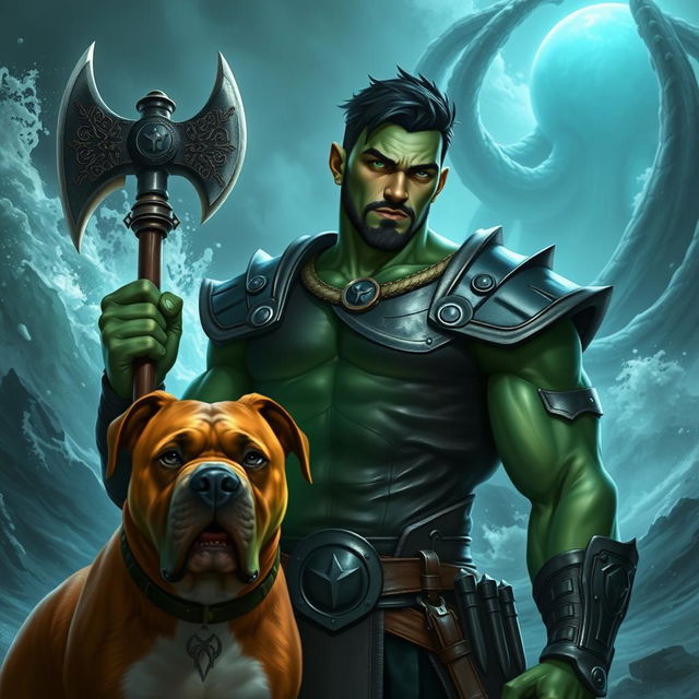 A handsome Goliath fighter with short black hair and a goatee, displaying a striking green and teal skin tone