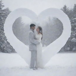 An artful depiction of a man and woman as spirits of love in the snow, combined into a large heart shape.