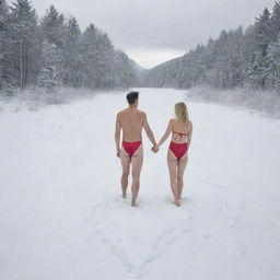 A snowy landscape showing the spirits of love, a man and woman wearing swimsuits, combined into a large heart shape.