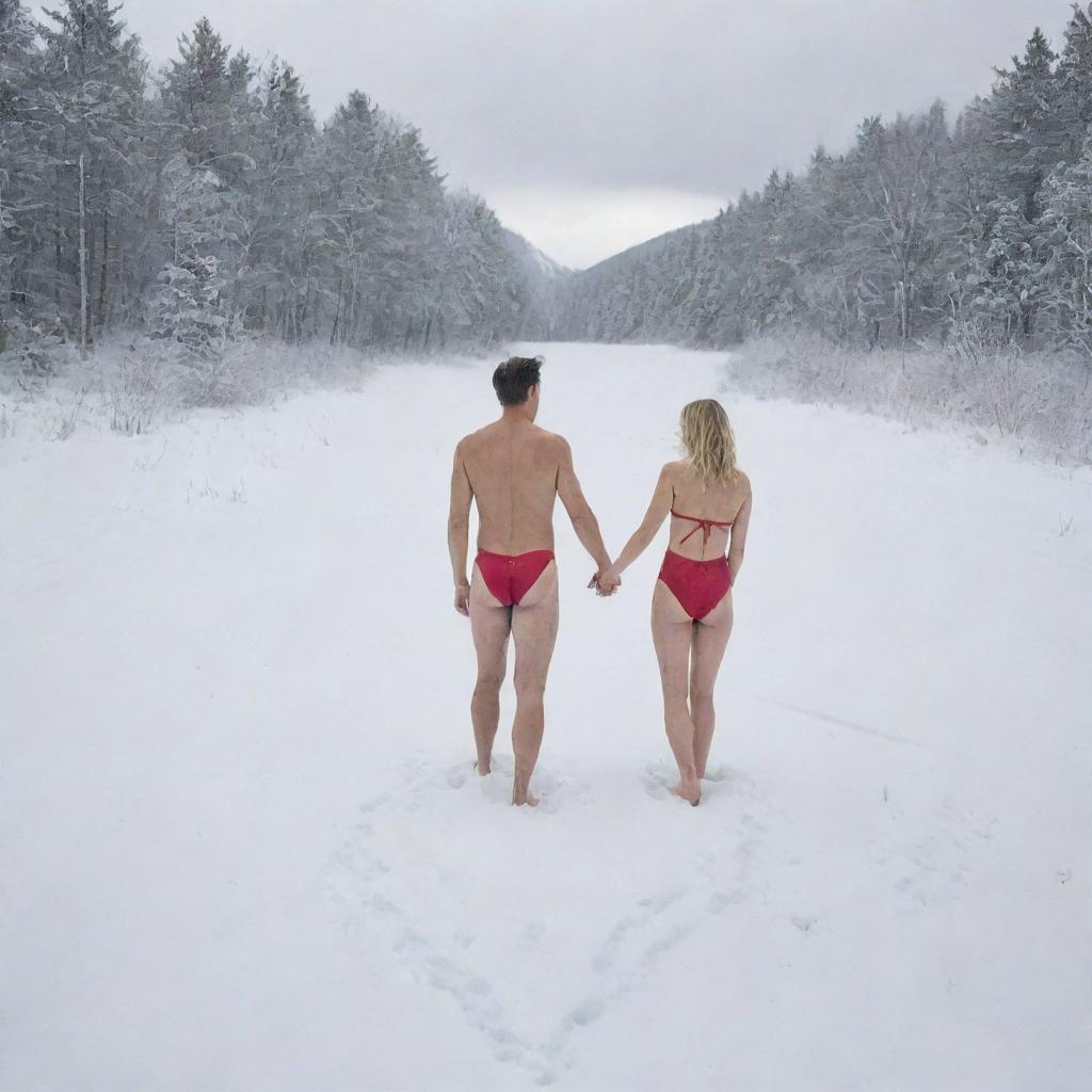 A snowy landscape showing the spirits of love, a man and woman wearing swimsuits, combined into a large heart shape.