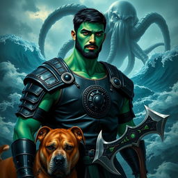 A handsome Goliath fighter with short black hair and a goatee, showcasing vibrant green and teal skin