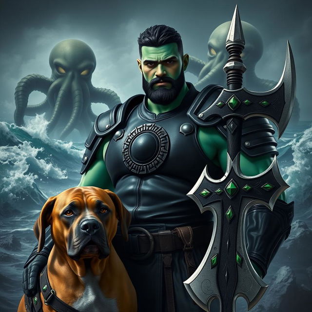 A handsome Goliath fighter with short black hair and a goatee, showcasing vibrant green and teal skin