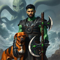 A handsome Goliath fighter with short black hair and a goatee, showcasing vibrant green and teal skin