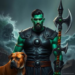 A handsome Goliath fighter with short black hair and a goatee, showcasing vibrant green and teal skin