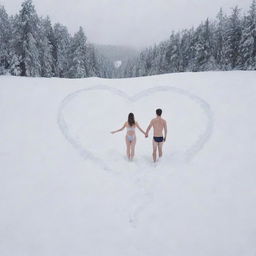 A snowy landscape showing the spirits of love, a man and woman wearing swimsuits, combined into a large heart shape.