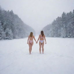 A snowy landscape showing the spirits of love, a man and woman wearing swimsuits, combined into a large heart shape.