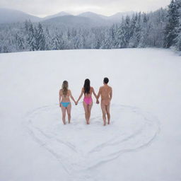 A snowy landscape showing the spirits of love, a man and woman wearing swimsuits, combined into a large heart shape.