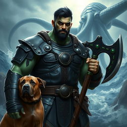 A handsome Goliath fighter with short black hair and a goatee, exhibiting striking green and teal skin