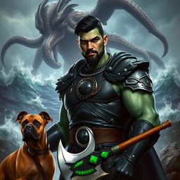 A handsome Goliath fighter with short black hair and a goatee, exhibiting striking green and teal skin