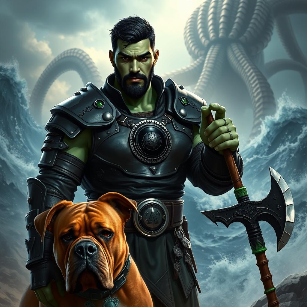 A handsome Goliath fighter with short black hair and a goatee, exhibiting striking green and teal skin