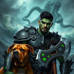 A handsome Goliath fighter with short black hair and a goatee, exhibiting striking green and teal skin