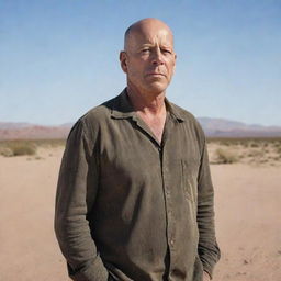 A vivid portrait of actor Bruce Willis standing resiliently in a vast, expansive desert.