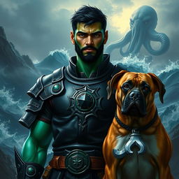 A handsome Goliath fighter with short black hair and a goatee, showcasing striking green and teal skin