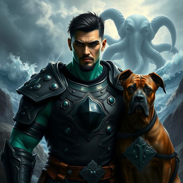 A handsome Goliath fighter with short black hair and a goatee, showcasing striking green and teal skin