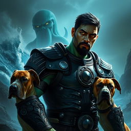A handsome Goliath fighter with short black hair and a goatee, showcasing striking green and teal skin