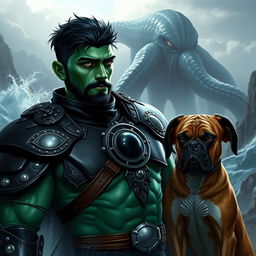 A handsome Goliath fighter with short black hair and a goatee, showcasing striking green and teal skin