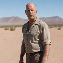 A vivid portrait of actor Bruce Willis standing resiliently in a vast, expansive desert.