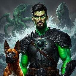 A handsome Goliath fighter with short black hair and a goatee, sporting striking green and teal skin