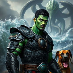 A handsome Goliath fighter with short black hair and a goatee, sporting striking green and teal skin
