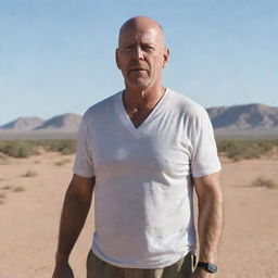 A vivid portrait of actor Bruce Willis standing resiliently in a vast, expansive desert.