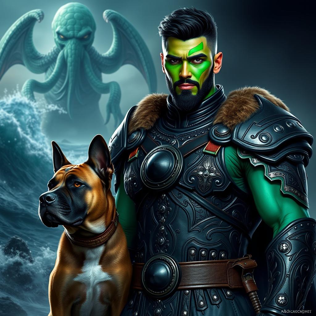 A handsome Goliath fighter with short black hair and a goatee, sporting striking green and teal skin