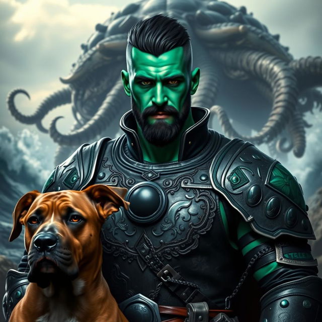 A handsome Goliath fighter with short black hair and a goatee, sporting striking green and teal skin