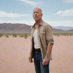 A vivid portrait of actor Bruce Willis standing resiliently in a vast, expansive desert.