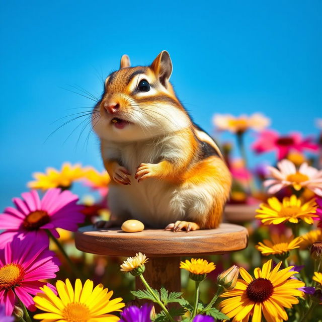 A cute and lively chipmunk sitting on a small wooden table, surrounded by an array of colorful wildflowers, with a bright blue sky in the background