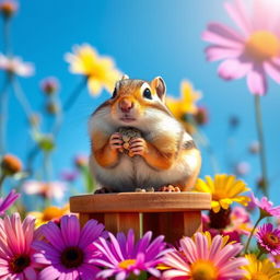 A cute and lively chipmunk sitting on a small wooden table, surrounded by an array of colorful wildflowers, with a bright blue sky in the background